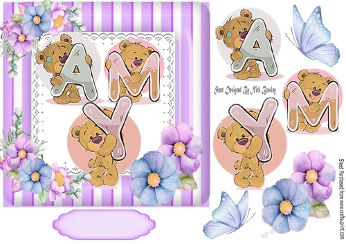 Lovely Teddies name AMY In stripe purple 7x7 frame with flowers
