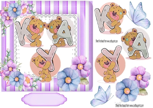 Lovely Teddies name KAY In stripe purple 7x7 frame with flowers