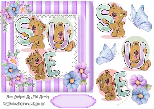Lovely Teddies name SUE In stripe purple 7x7 frame with flowers