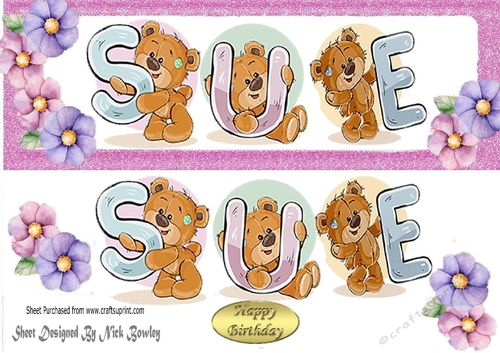 Teddy bears named SUE pink Glitter DL Card