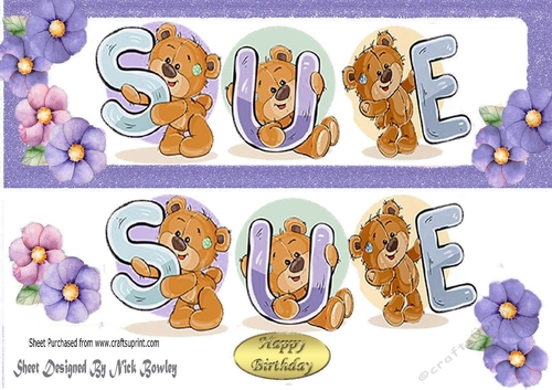 Teddy bears named SUE purple Glitter DL Card