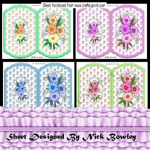 4 Lovely coloured flowers with matching backing, bracket cards Mini Kit 