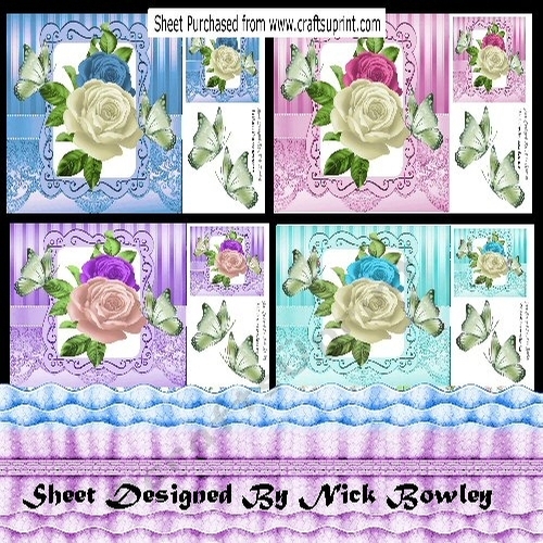 4 pretty coloured roses with butterflies cards 8x8 mini kit