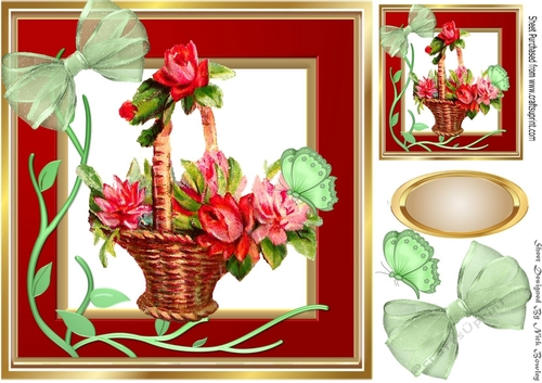 Lovely Basket of roses and organza green bow 8x8