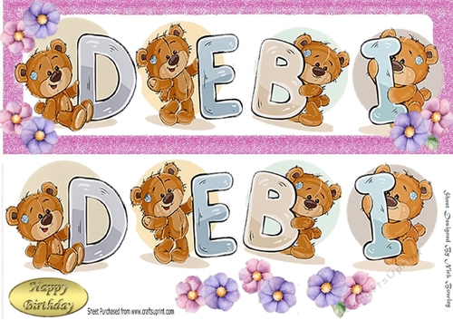 Teddy bears named DEBI pink Glitter DL Card