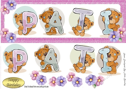 Teddy bears named PATI pink Glitter DL Card