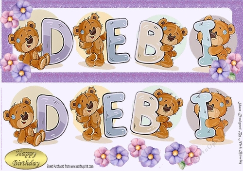 Teddy bears named DEBI purple Glitter DL Card