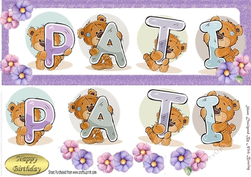 Teddy bears named PATI purple Glitter DL Card