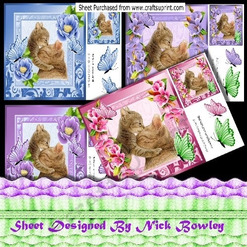 4 Lovely Cuddle cat & kittens with flowers & butterflies 8x8 mini kit