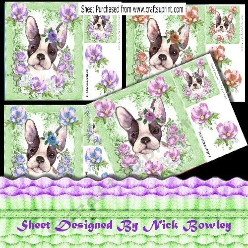 4 Lovely Water colour French bulldogs with coloured flowers cards 8x8 mini kit