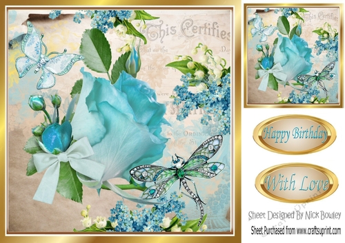 Pretty turq rose with script, dragonfly, butterfly & bow 8x8