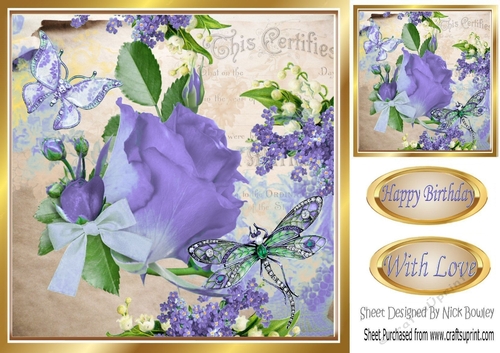 Pretty purple rose with script, dragonfly, butterfly & bow 8x8
