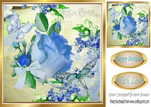 Pretty blue rose with script, dragonfly, butterfly & bow 8x8