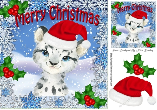 Lovely water colour of a snow leopard in santa red hat with holly 8x8