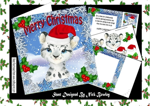 Lovely water colour of a snow leopard in santa red hat with holly 8x8 Mini kit
