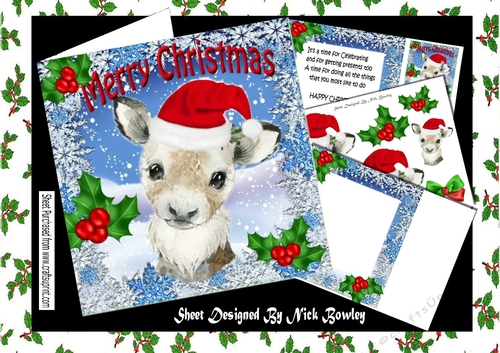 Lovely water colour of a reindeer in santa red hat with holly 8x8 Mini kit