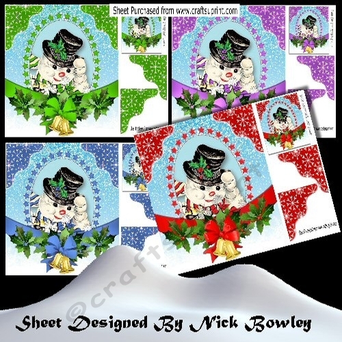4 Lovely Vintage snowmen in top hats with bells 8x8 Card fronts mini kit