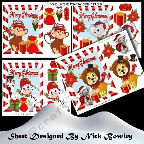 4 Lovely Christmas jungle animal cards  in red stripe frames Mini Kit