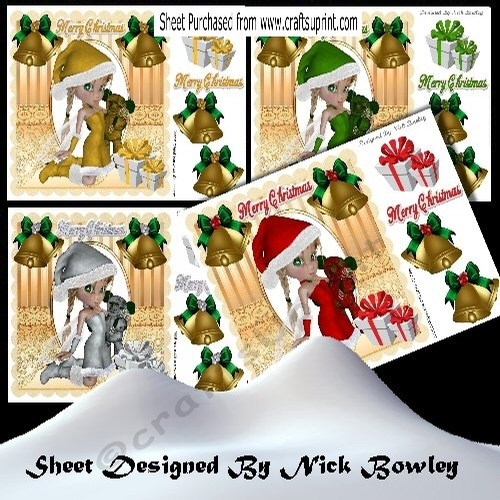 4 Lovely Christmas faeries with raggy teddy & presents cards 8x8 mini kit 