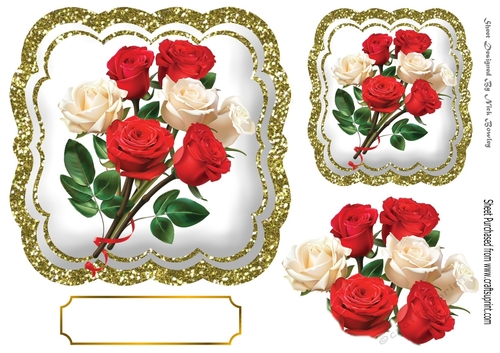 Pretty red roses on a white/gold glitter card front