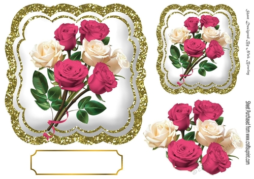 Pretty pink roses on a white/gold glitter card front