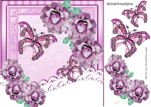 Pretty pink roses & lace with butterflies 8x8