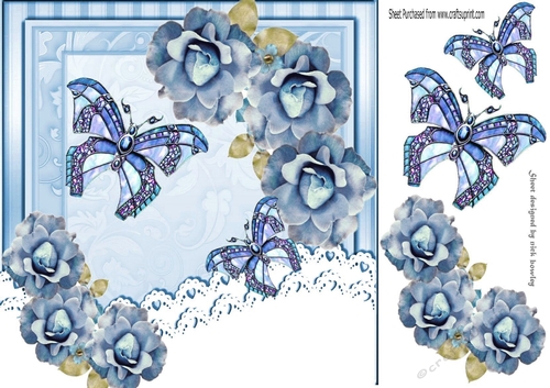 Pretty blue roses & lace with butterflies 8x8