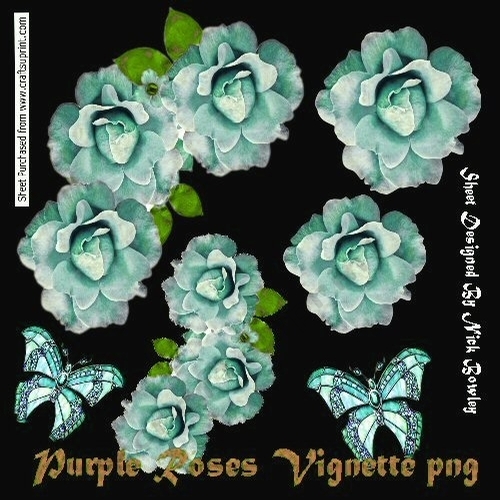 Pretty corner turq rose vignette with butterflies png