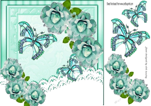 Pretty turq roses & lace with butterflies 8x8
