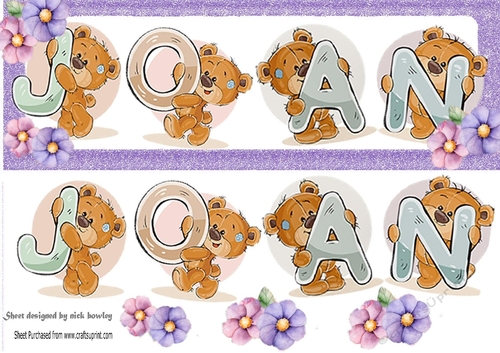 Teddy bears named JOAN purple Glitter DL Card
