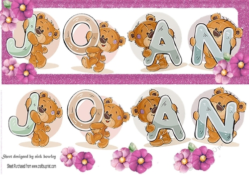 Teddy bears named JOAN pink Glitter DL Card