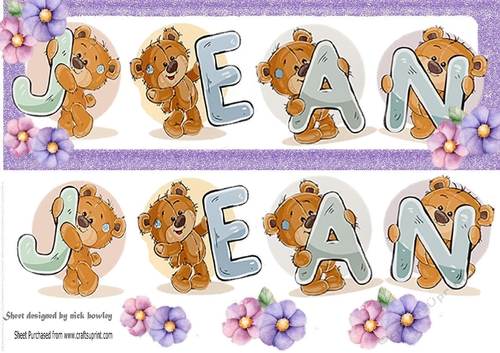 Teddy bears named JEAN purple Glitter DL Card