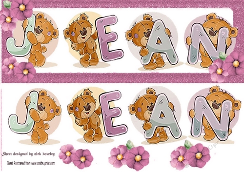 Teddy bears named JEAN pink Glitter DL Card