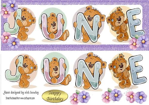 Teddy bears named JUNE purple Glitter DL Card