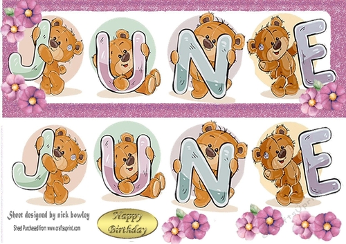 Teddy bears named JUNE pink Glitter DL Card