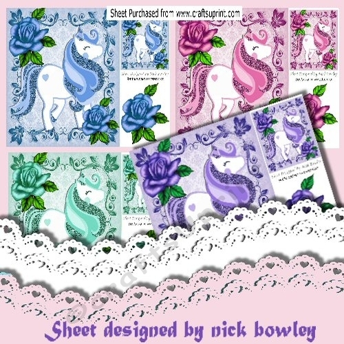 4 Lovely Coloured Glitter unicorns with roses 8x8 card fronts Mini Kit (set1)