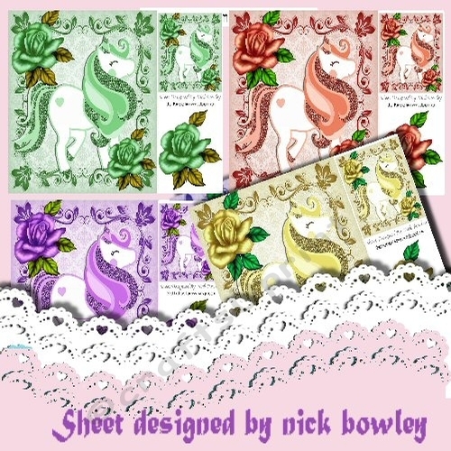 4 Lovely Coloured Glitter unicorns with roses 8x8 card fronts Mini Kit (set 2)