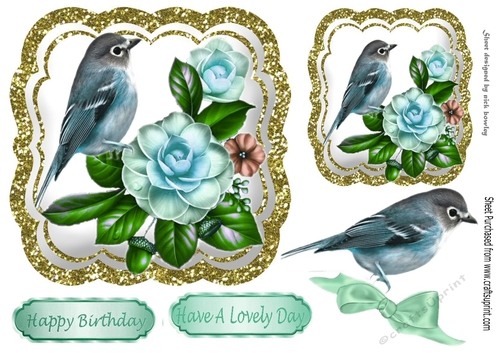 Pretty turq flower toppers with birds and bow 7x7