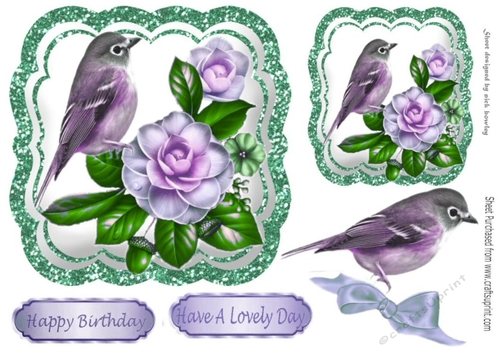 Pretty lilac flower toppers with birds and bow 7x7