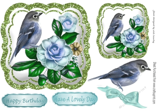Pretty blue flower toppers with birds and bow 7x7