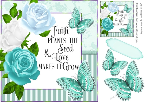Love Grows pretty turq roses and butterflies striped frame 8x8