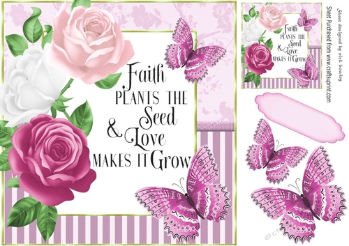 Love Grows pretty pink roses and butterflies striped frame 8x8