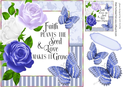 Love Grows pretty blue  roses and butterflies striped frame 8x8