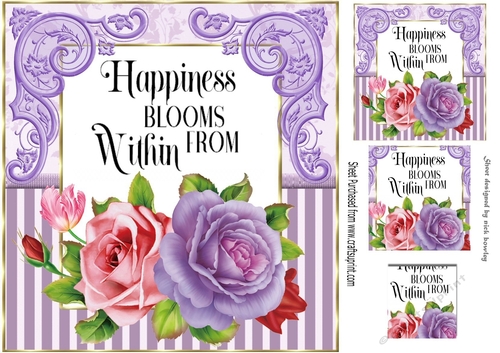 Happiness Blooms!, pretty purple/pink roses with stripe & ornate corners 8x8