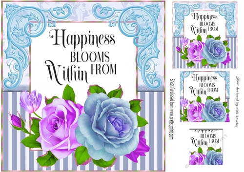 Happiness Blooms!, pretty turq/lilac roses with stripe & ornate corners 8x8