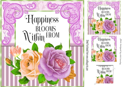 Happiness Blooms!, pretty lilac/peach roses with stripe & ornate corners 8x8