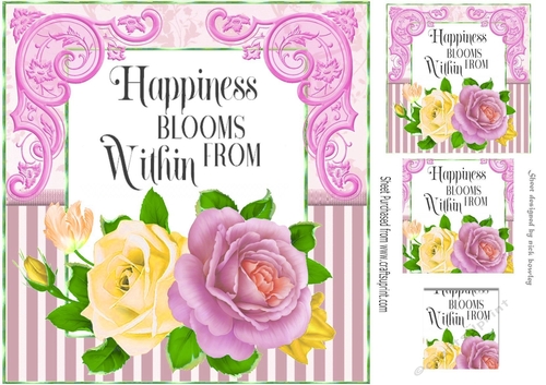 Happiness Blooms!, pretty pink/gold roses with stripe & ornate corners 8x8