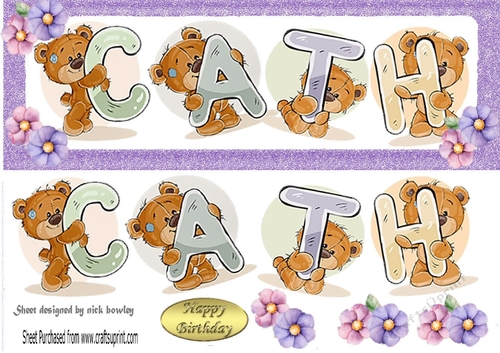 Teddy bears named CATH purple Glitter DL Card