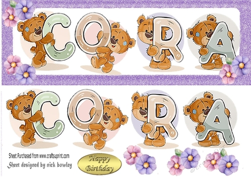 Teddy bears named CORA purple Glitter DL Card