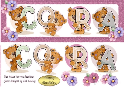 Teddy bears named CORA pink Glitter DL Card